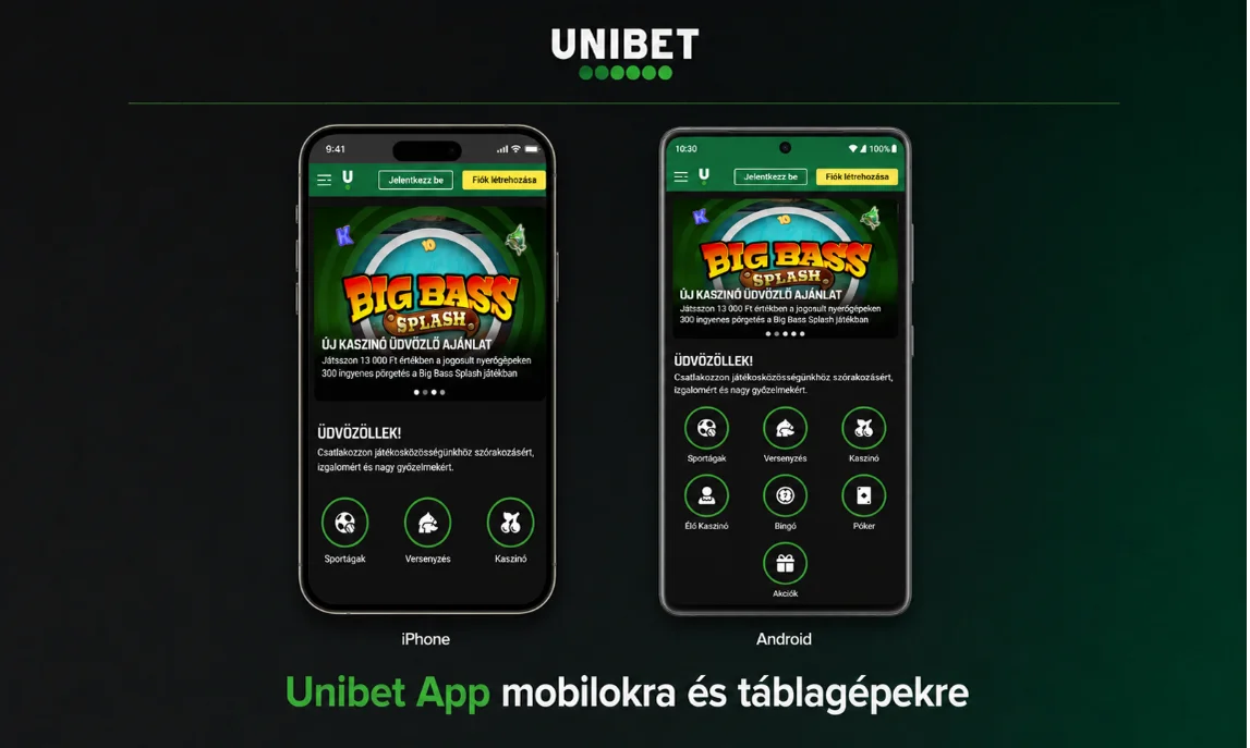 Az Unibet App kezdőfelülete iPhone és Android készüléken