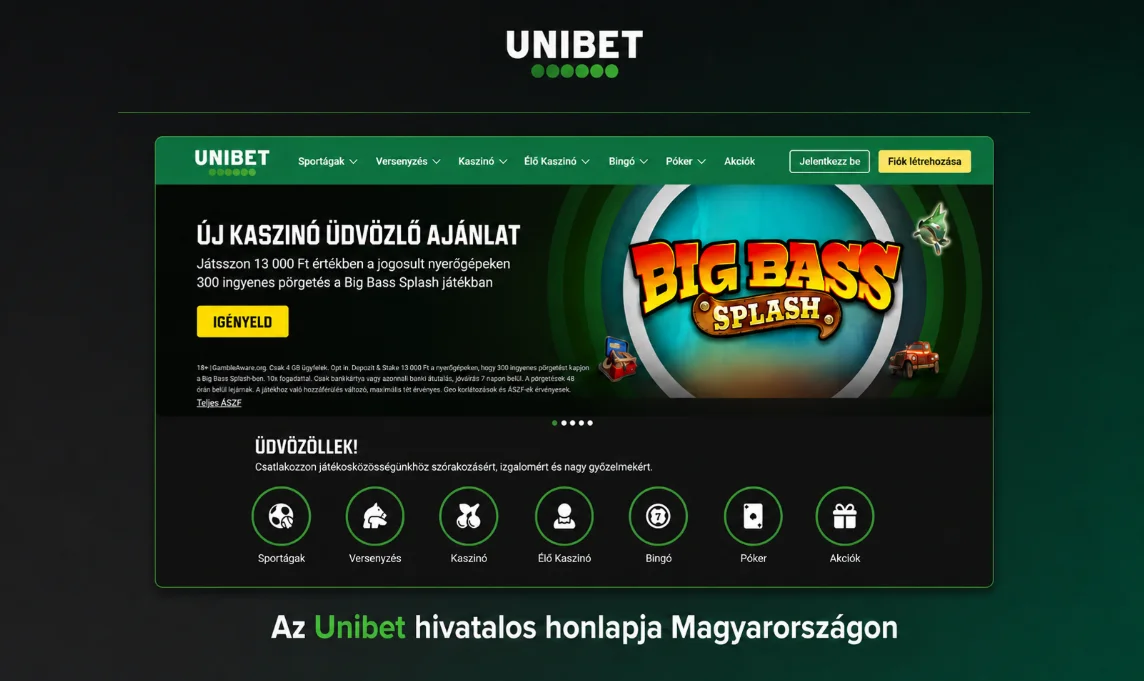 Az Unibet magyarországi kezdőoldala kaszinó-üdvözlőajánlattal