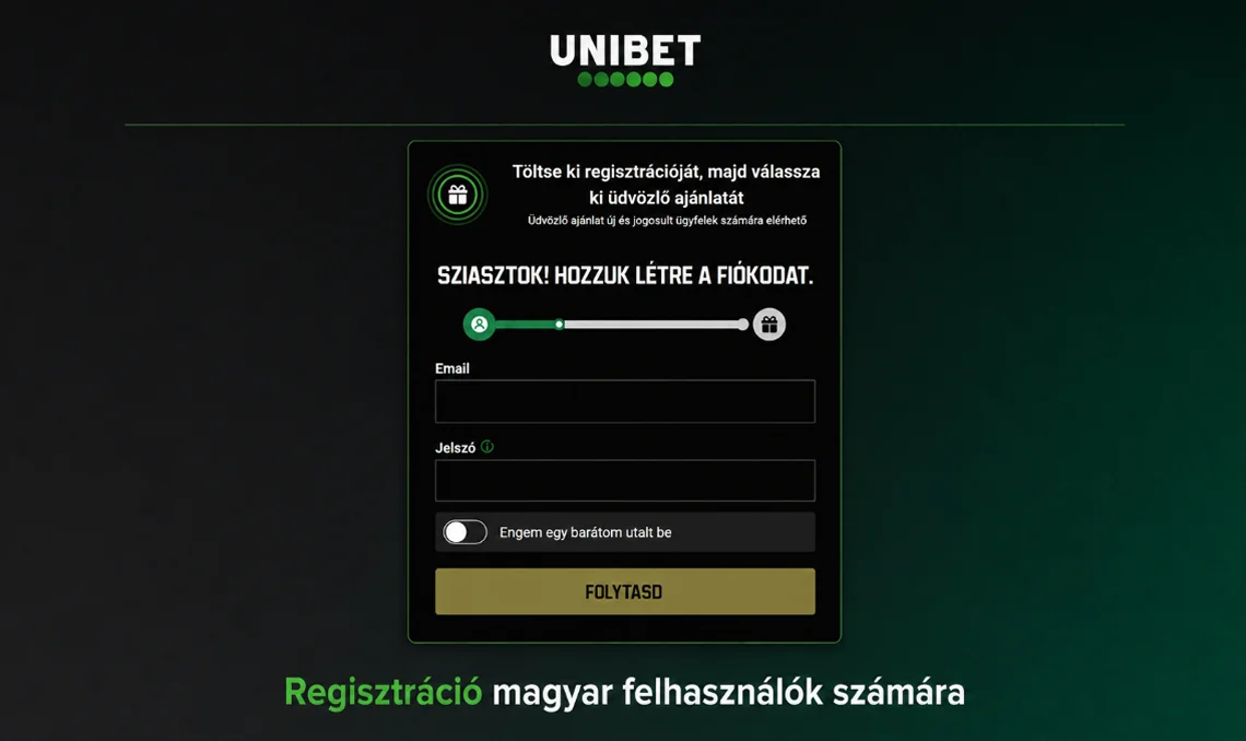 Az Unibet regisztrációs űrlapja magyar felhasználók számára
