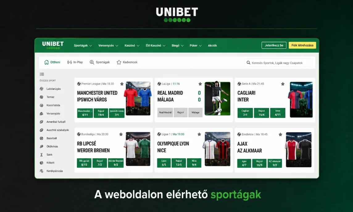 Sportágak és mérkőzések az Unibet sportfogadási oldalán