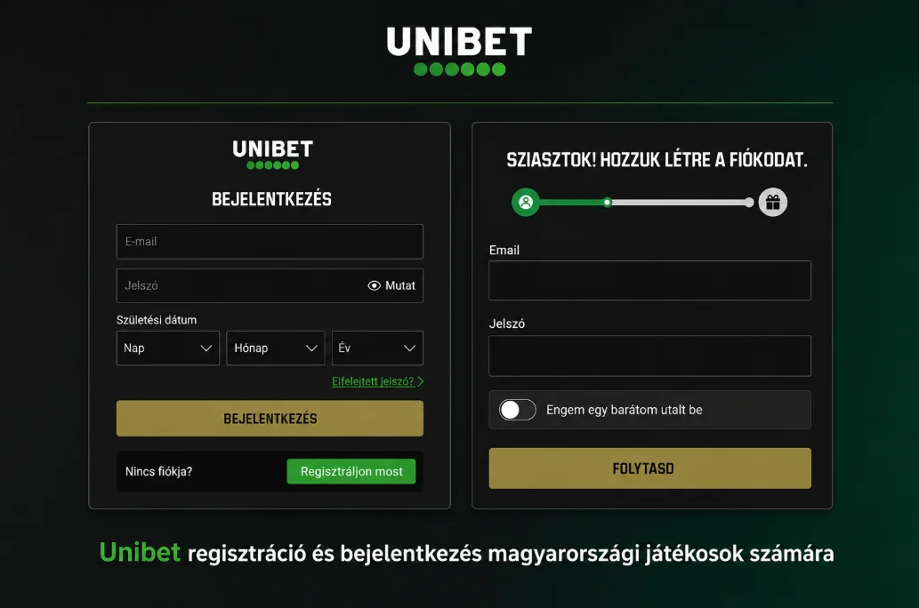 Unibet regisztrációs és bejelentkezési űrlap magyar játékosok számára